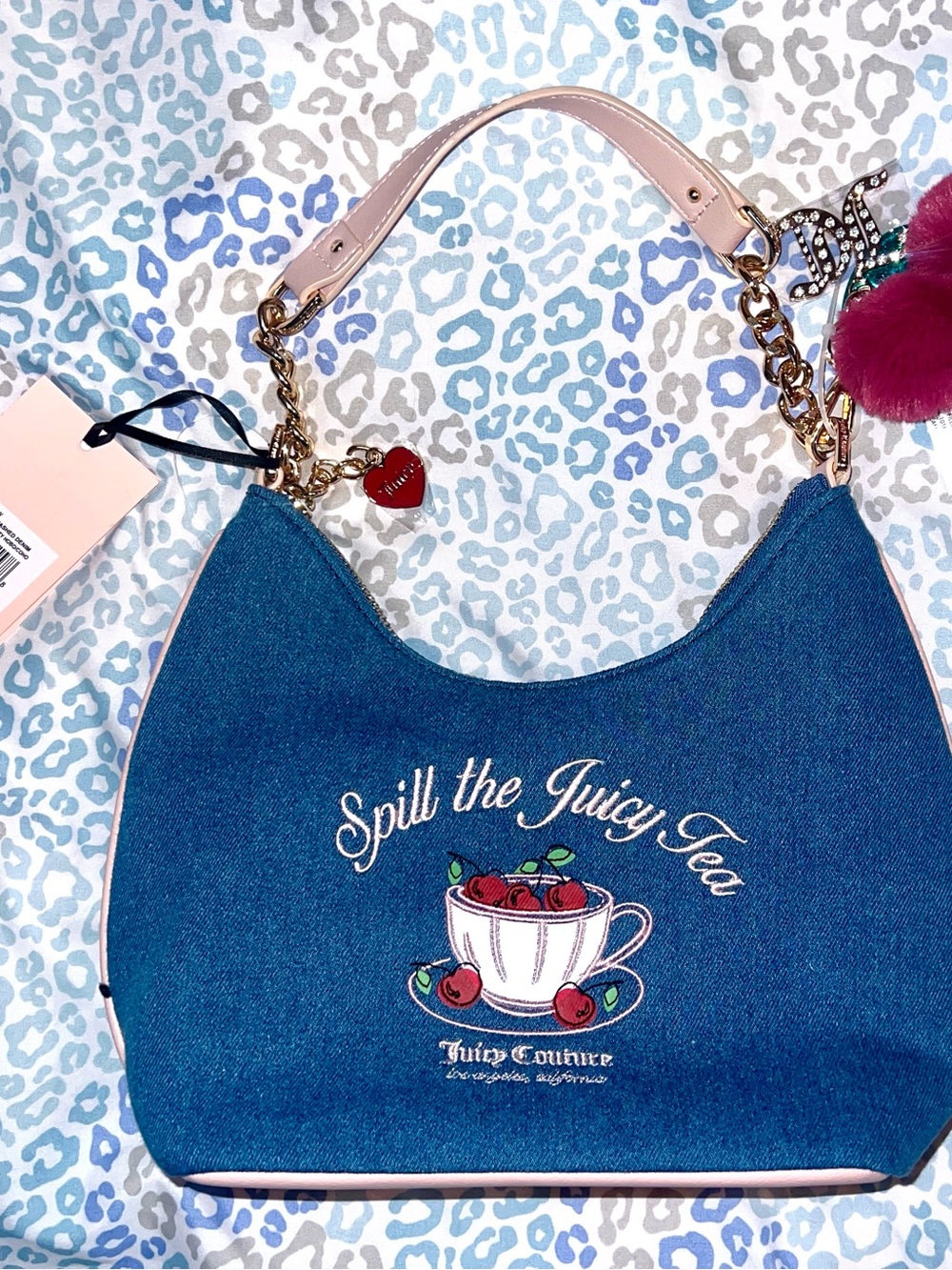 New Blue Juicy Couture Purse Satchel Bag Handbag Spill The Juicy Tea Denim